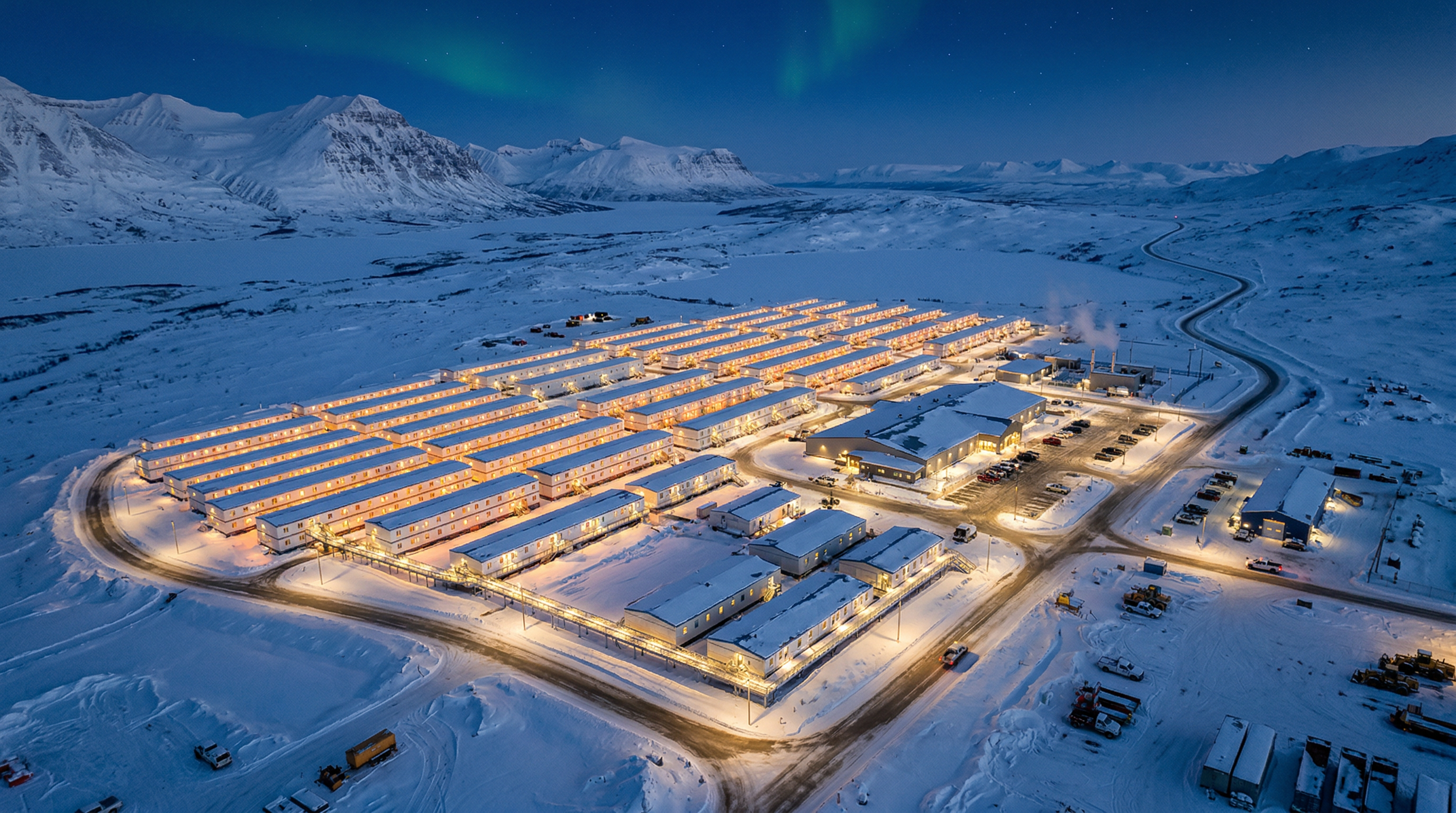 Aerial view of a Kodiak Industries workforce hub in an arctic landscape at twilight